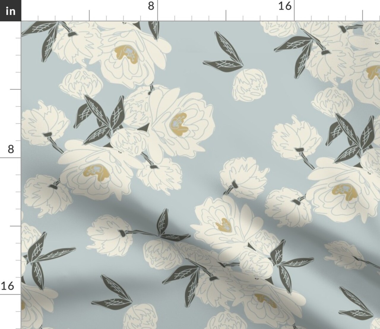 Cream Peonies Light Blue Flowers Floral Garden Botanical Green Handdrawn Cottagecore Custom Printed Fabric by Spoonflower Various Fabrics by the Yard or Fat Quarter
